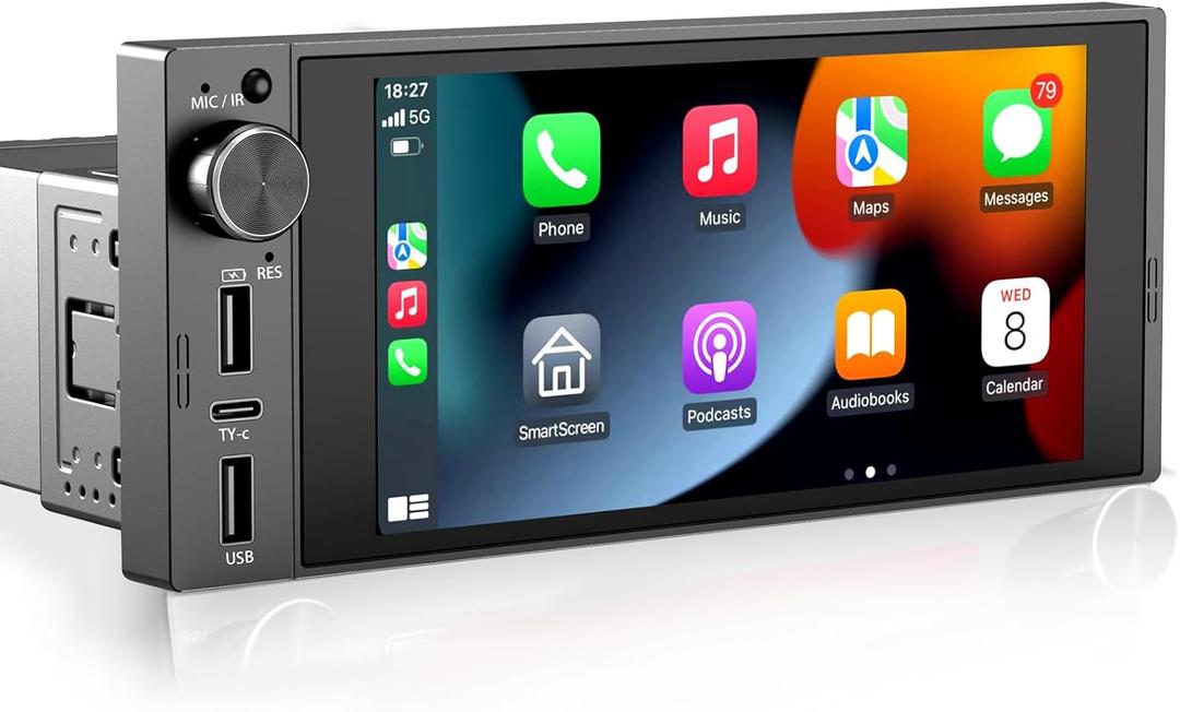 Single Din Touchscreen Radio Wireless Apple Car Play Wireless Android Auto, 6In Single Din Car Stereo with Mirror Link Bluetooth FM GPS Navigation SWC EQ