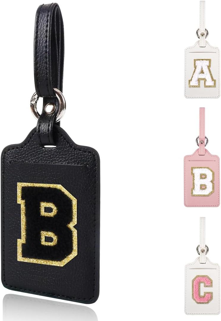 Personalized Initial Luggage Tags for Suitcases, Leather Chenille Letter Cute Luggage Tags with Privacy Name Card, Embroidered Travel Bag Backpack Tag Gifts for Women Kids Girls Teens(Black-B)