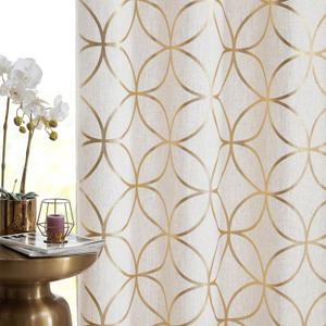 SXZJTEX Gold Foil Print Linen Curtains Metallic Moroccan Cream Semi Sheer Curtains 84 Inches Long for Bedroom Living Room Geometric Pattern Window Treatments,Grommet Top,2 Panels,55" W x 84" L