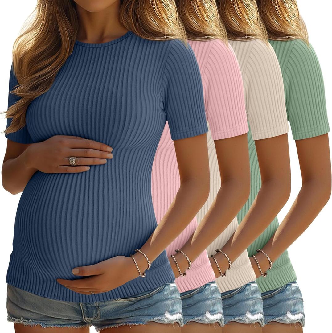 Sweetyweee 4 Pack Women's Maternity Shirts Ribbed Knit Short Sleeve Pregnancy Tops Crew Neck Work Tees Casual Summer Clothes(Haze Blue, Light Pink, Apricot, Light Green) Large