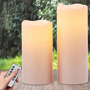 Large Outdoor Flameless Candles with Remote Timer White Plastic Waterproof Battery Operated LED Flickering Pillar Candles for Garden Patio Porch Lantern Decor(2 Pack, 4" D x 8", 10" H)