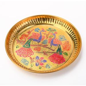 Brass Plate Hand Crafted Embossed Colorful Peacock Design for Pooja Temple Mandir Bhog and Gifting Size - 7" (Brass Peacock Plate)