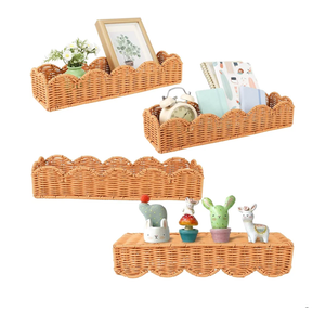 4 Set Nursery Book Shelves Scalloped Plastic Artificial Rattan Classroom Wall Shelf 15.8 Inch Wall Mounted Floating Bookshelve, Hanging Boho Wicker Woven Shelf for Bedroom Farmhouse Decor (4, Brown)