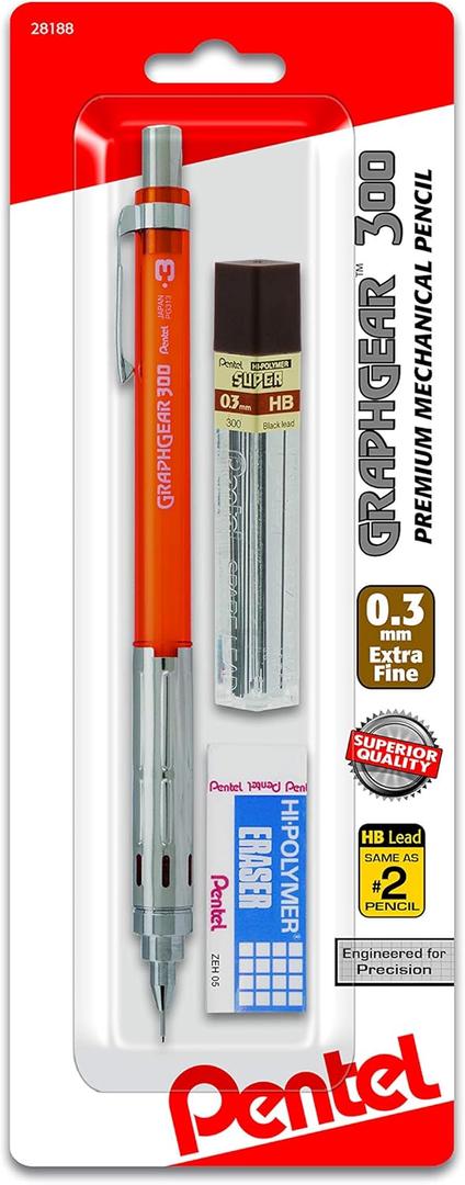 Pentel Arts GraphGear 300 Mechanical Pencil, (0.3mm) Extra-fine line, Orange Barrel, w/small block eraser + 1 lead tube