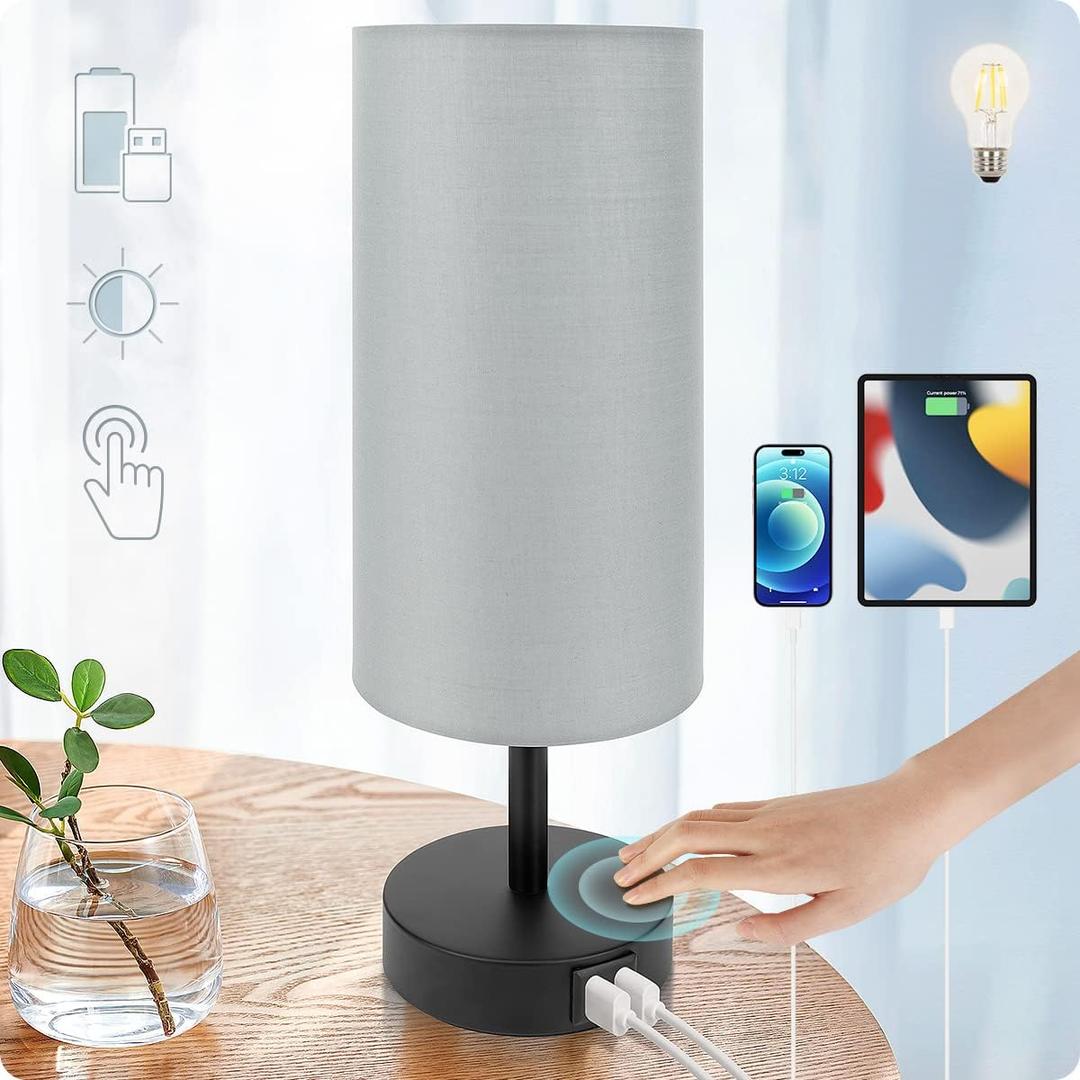 Yarra-Decor Bedside Lamp with USB Port - Touch Control Table Lamp for Bedroom 3 Way Dimmable Nightstand Lamp with Round Grey Fabric Shade for Living Room, Dorm, Home Office (LED Bulb Included) (Gray)