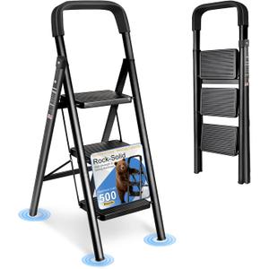 3 Step Ladder Folding Step Stool with Handrail | 500LBS Capacity Sturdy Carbon Steel Frame Anti-Slip Pedal & Feet Portable for Home Kitchen Garage Bathroom (black-3step)