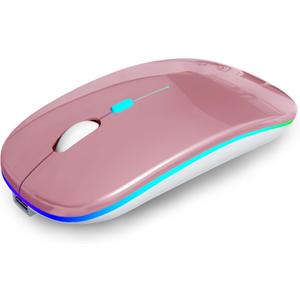 AIKOKOK Wireless Bluetooth Mouse, Rechargeable, Dual Mode Bluetooth 5.2 & 2.4G USB, LED Lights, Slim, Silent, Portable Computer Mouse for Laptop, PC, MacBook, iPad, Tablet (Rose Gold)