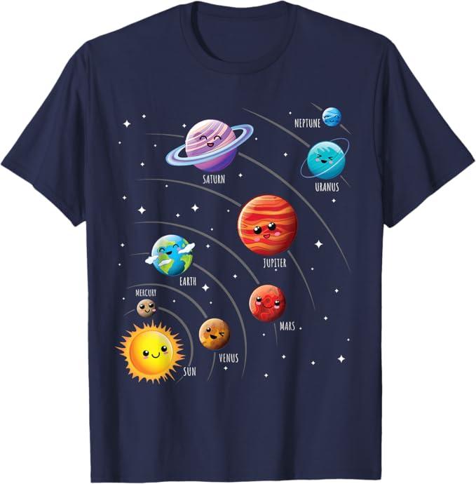 Kids Colorful Solar System Cute Anime Planets Space T-Shirt. XS Size