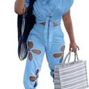 KEYUFANG Women 2 Piece Outfit Casual Summer Set Crop Top Sweatpants Women Trendy Blue Jumpsuit with Pocket, Large