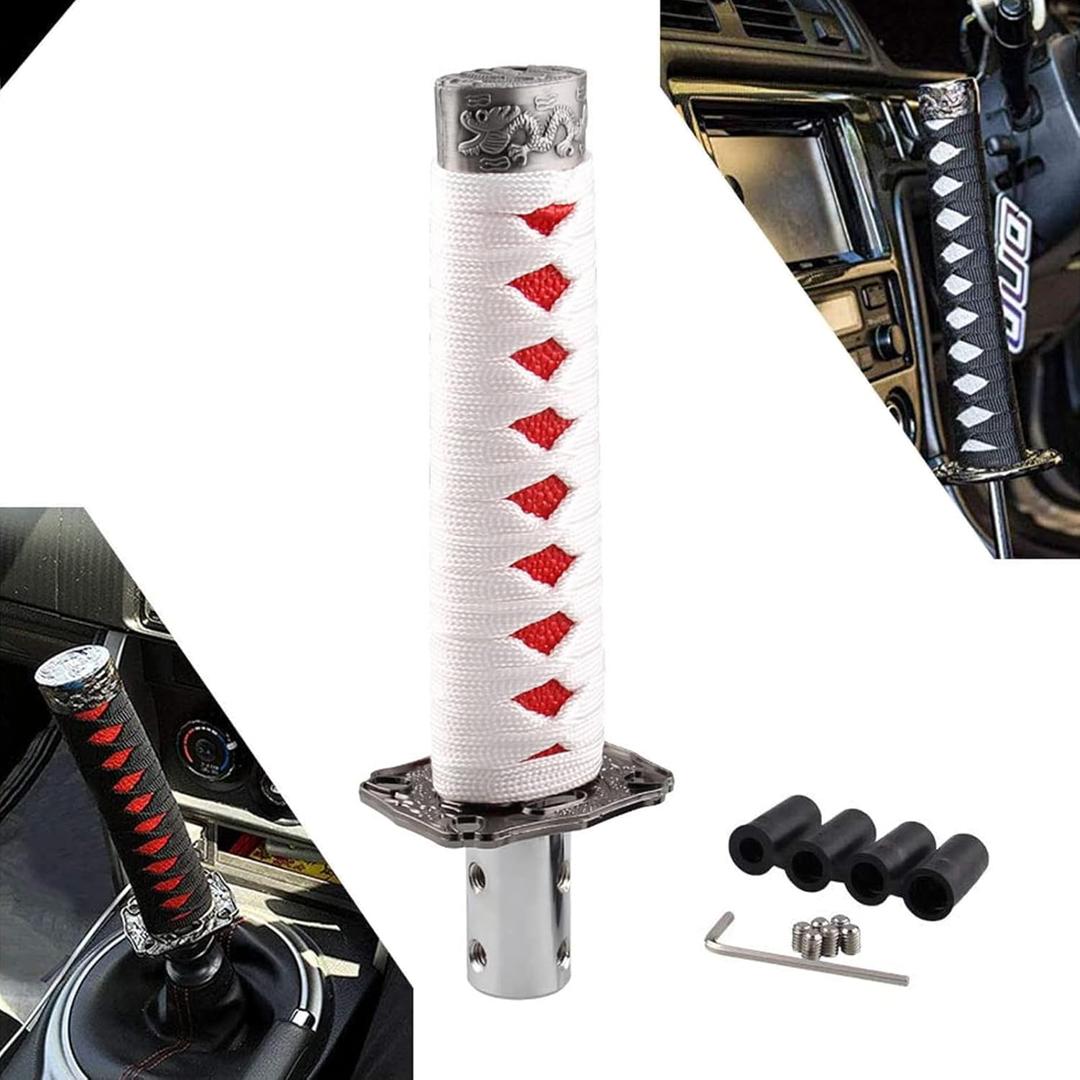 RYANSTAR Gear Shift Knob Sword Shift Knobs Katana Samural Shift Gear Lever Universal Compatible with Manual Cars Most Automatic Cars with 4 Adapters White+Red