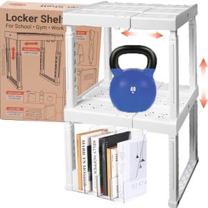 Piffny Locker Organizer Shelf Adjustable Width and Height, Stackable, Ideal Locker Shelf for School, Office, Gym Lockers, or Even Kitchen Cabinets & Under Sink Organization(White 2 Pack)