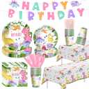 Dinosaur Birthday Party Supplies Girl - Pink Dinosaur Party Decorations Tableware for Birthday Baby Shower, Paper Plate, Cup, Napkins, Tablecloth, Cutlery, Banner | Serves 24