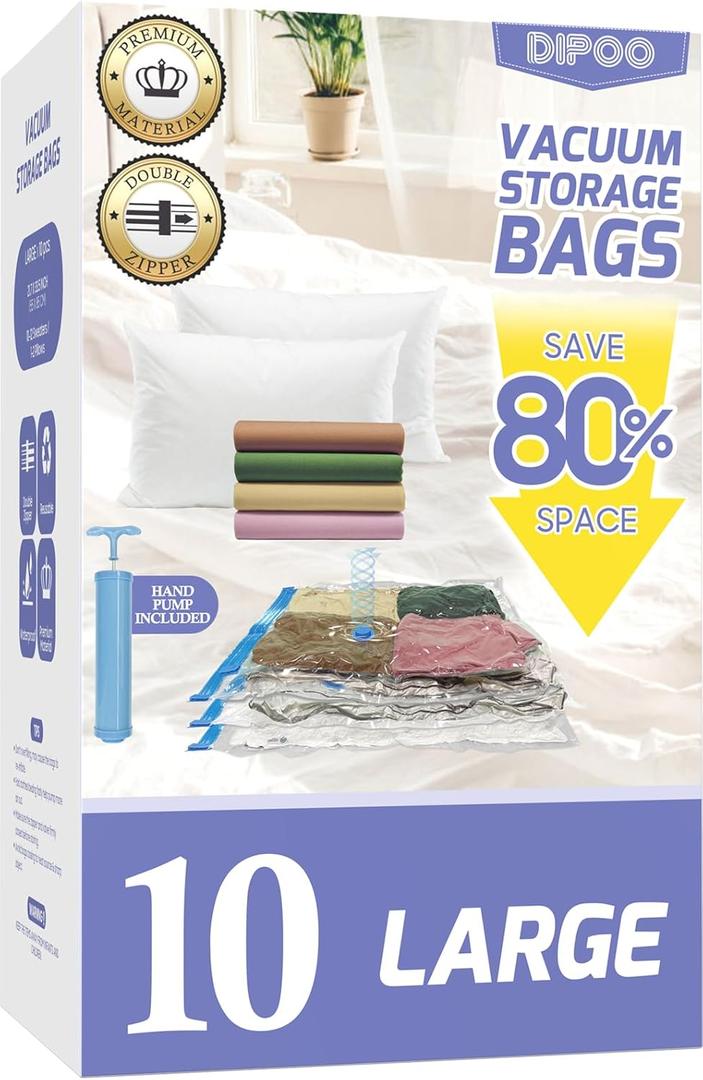 10 Pack Large Vacuum Storage Bags with Hand Pump, 80% Storage Space Saving, Sturdy Leak-Free Space Saver Vacuum Seal Bags for Clothing, Vacuum Compression Bags for Travel Lugggage