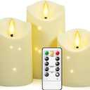 Outdoor Waterproof Flickering Flameless Candles with Embedded Star String,3Pcs LED Pillar Candles Battery Operated with Remote and Timers for Courtyard,Porch,Camping,Holiday Decoration(Ivory) (D3.25xH4"5"6")