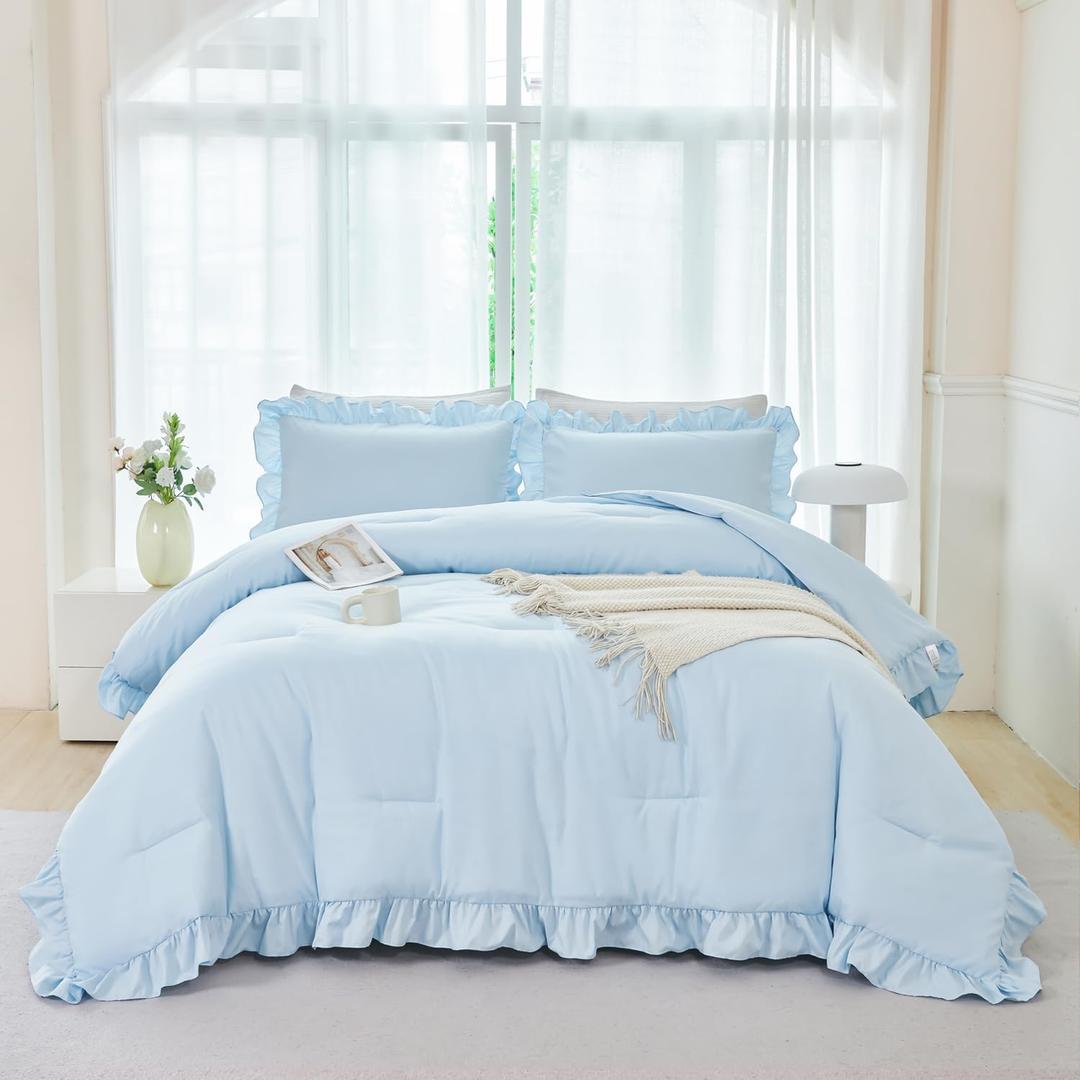 ANGIYUIN 5 Pieces Light Blue Full Bed in A Bag for Kids Girls Ruffle Bedding Sets Boho Comforter Set Vintage Farmhouse Bedding Comforter Sets with Sheets(Light Blue ,Full)