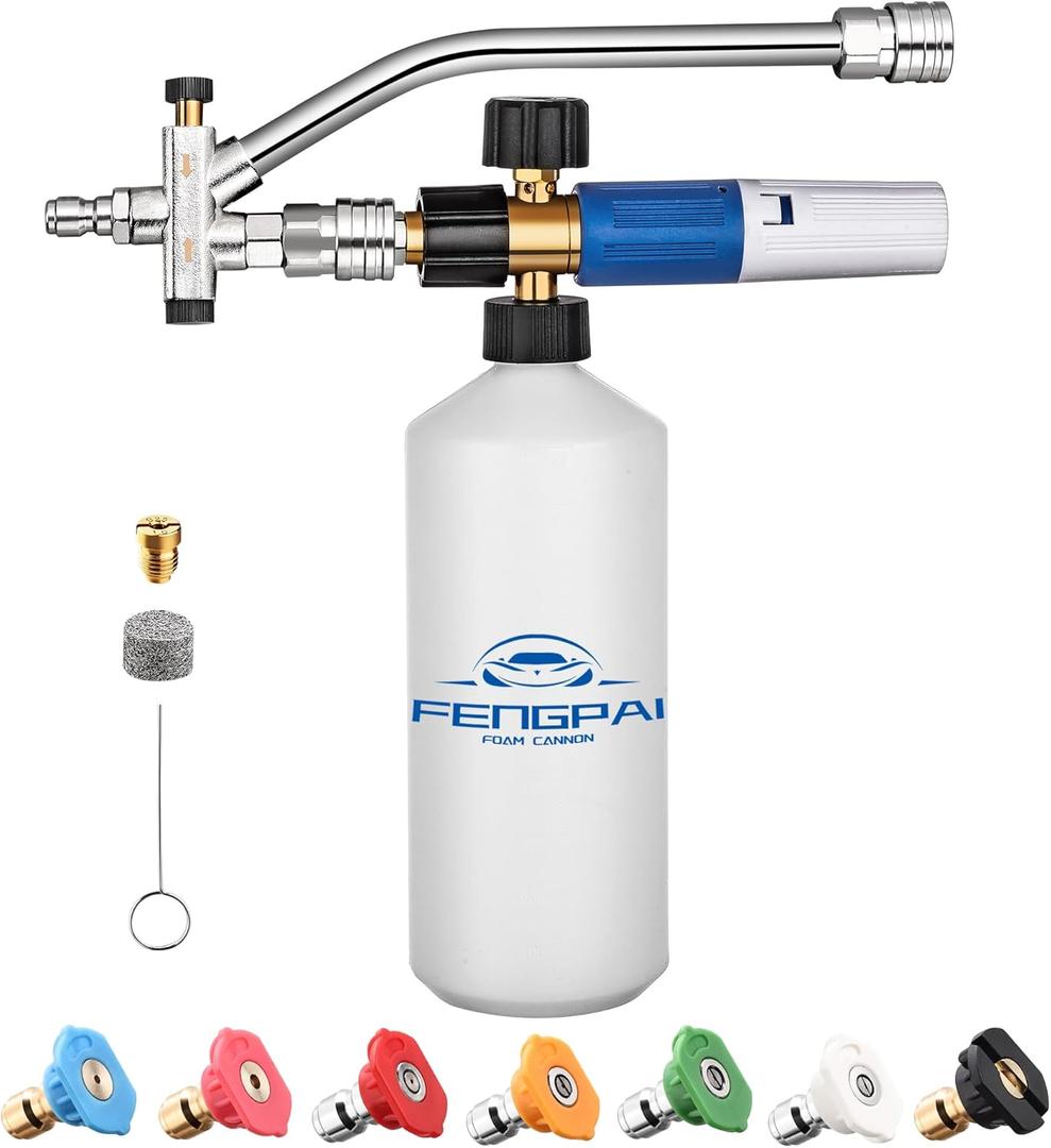 FENG PAI Pressure Washer Foam Cannon with Dual Connector Accessory & 7 Power Washer Sprayer Nozzles, Double Tip Attachment For Soap Cannon, 1/4" Quick Connect, 3600 PSI