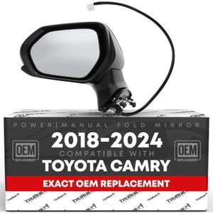 Driver Side Mirror - Compatible with 2018-2024 Toyota Camry - Powered Adjustment, Manual Folding, Flat Glass - Black, 5H3P - OEM 8794006800, TO1320366, TO1320382