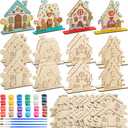 DoubleFill 24 Set DIY Wood Christmas Gingerbread House Paint Craft Kit Unpainted Ceramics Plaster Keepsake with Painting Set for Christmas Holiday Party DIY Art Project Decoration Paint Brushes