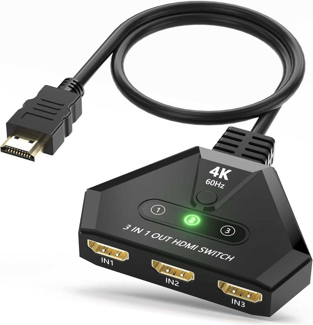 HDMI Switch 3 in 1 Out, 4K@60Hz HDMI Switcher with Gold Plated Ports, Plug & Play, Supports Full HD 1080P 3D Compatible with Roku TV Stick HDTV PS4/PS5 Xbox, Ideal for Gaming, Home Theater, Streaming