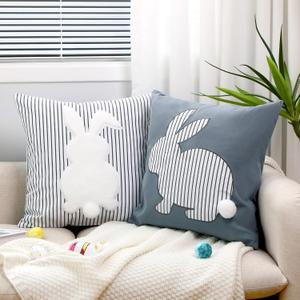 CroBlissful 2 Pack Easter Pillow Covers 18x18 Embroidered Throw Pillow Covers Bunny Rabbit Pillowcases Rustic Farmhouse Easter Spring Decoration Cushion for Home Sofa Couch Bedroom(Gray White Plaid)