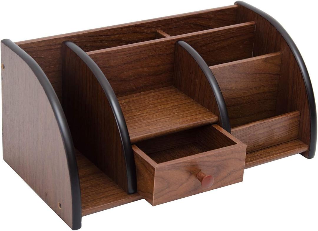 Cherry Brown Wood Desktop Organizer Multiple Compartments Stepped Racks Drawer Shelf Tabletop Storage Cabinet Stationery Holder Office Accessory Supplies Caddy Sorter Home