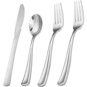Liacere 200Pcs Silver Plastic Cutlery-Silver Plastic Silverware- Disposable Plastic Silverware - 100 Silver Forks, 50 Silver Spoons, 50 Silver Knives Perfect for WeddingValentine's Day
