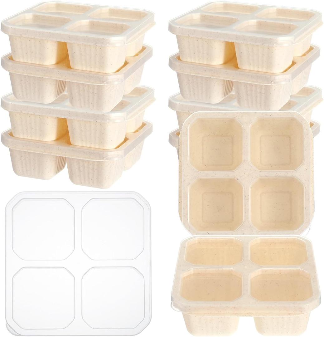 12 Pack Bento Snack Containers Set, 4 Divided Compartment Food Storage Containers, Wheat Straw Meal Prep Lunch Box,Plastic Food Storage container, Microwave and Dishwasher Safe (Beige)