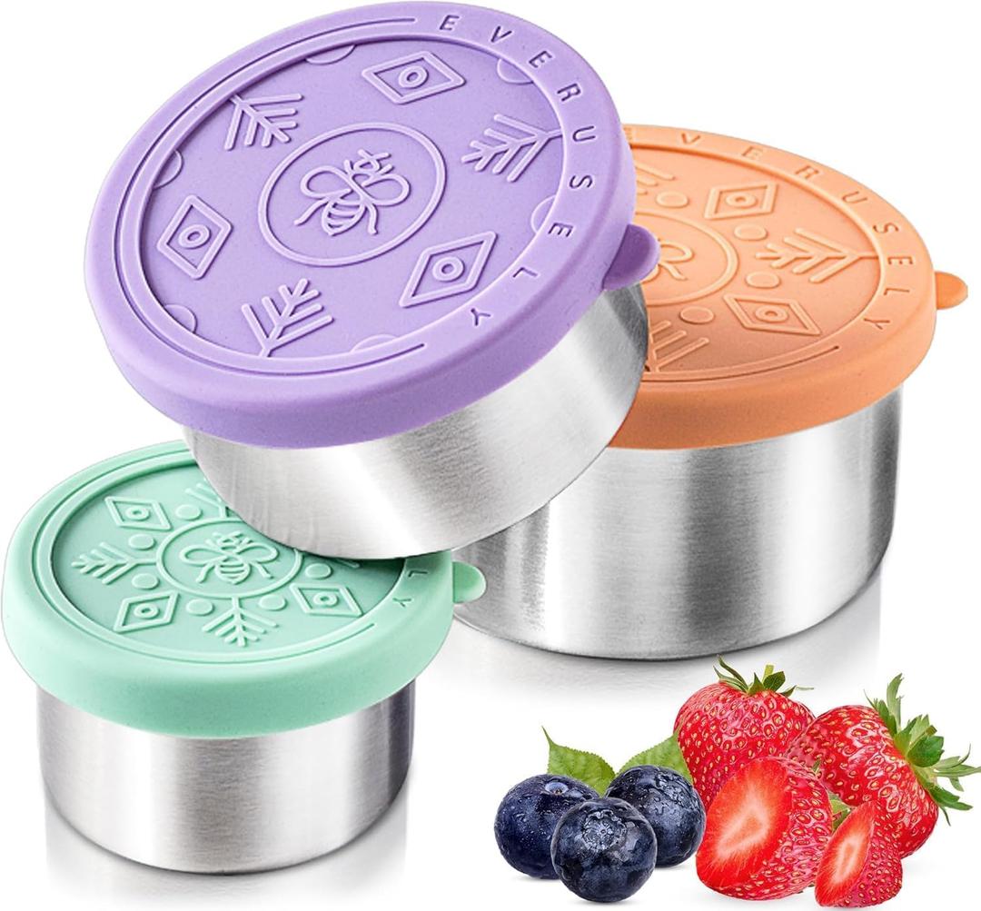 Everusely - Stainless Steel Food Containers - 3 Pack, Bright - Lunch Box for Kids - Snack Containers for Office, Home Food Storage - Leakproof w/Silicone Lids - Dishwasher & Freezer Safe