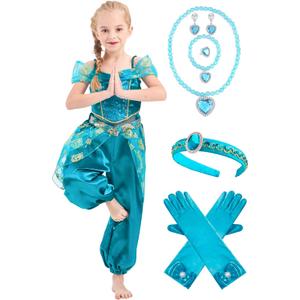 IKALI Princess Costume for Girls Kids Toddlers Arabian Princess Fancy Dress Up for Halloween Birthday Cosplay Party (8-10 Years, Green)