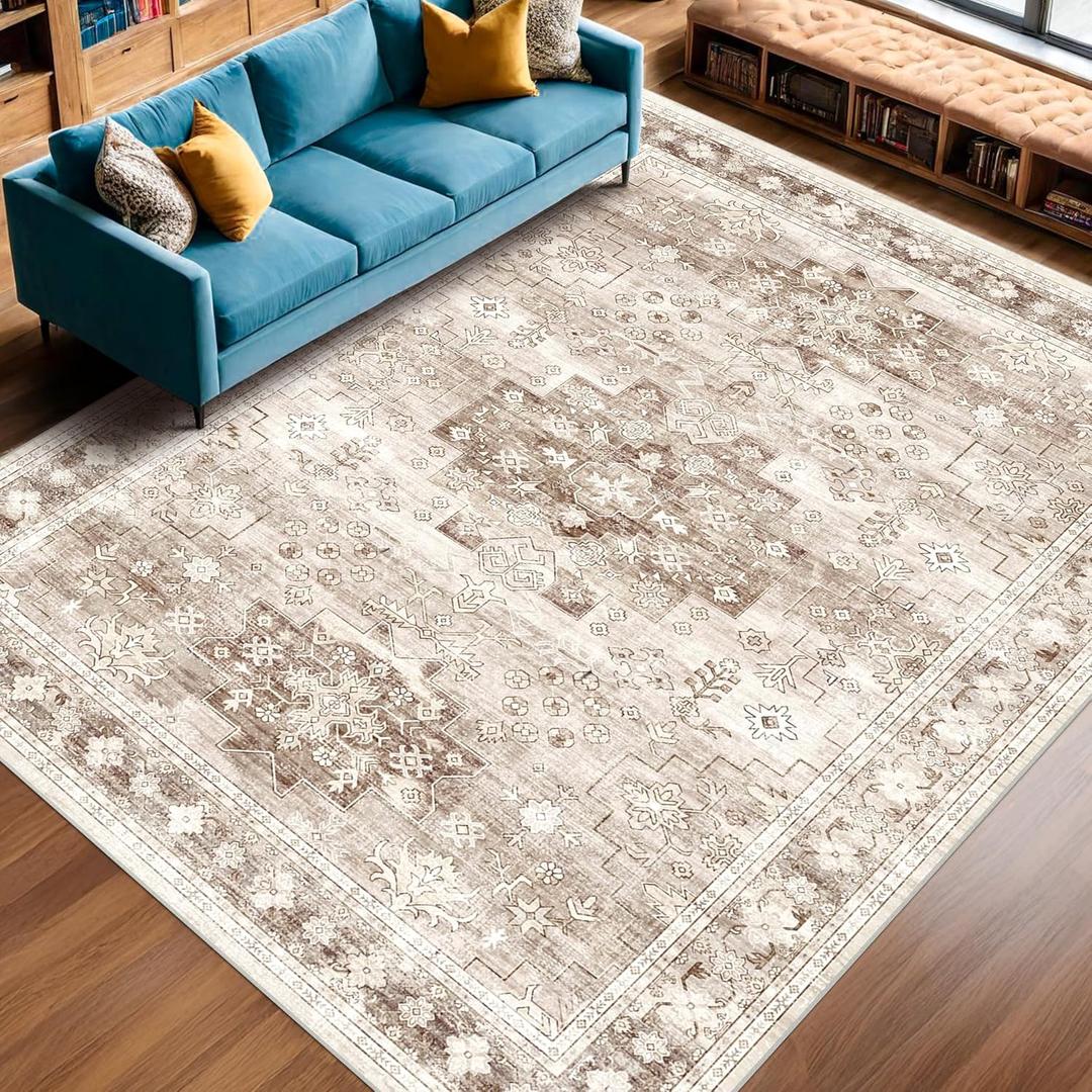 Washable Neutral Farmhouse Living Room Rug, 6x9 Area Rugs for Bedroom, Dining Room Under Table Carpet, Kids Room, Large Boho Vintage Non-Slip Floral Rugs Low Pile Stain Resistant (6x9 Beige/Latte)