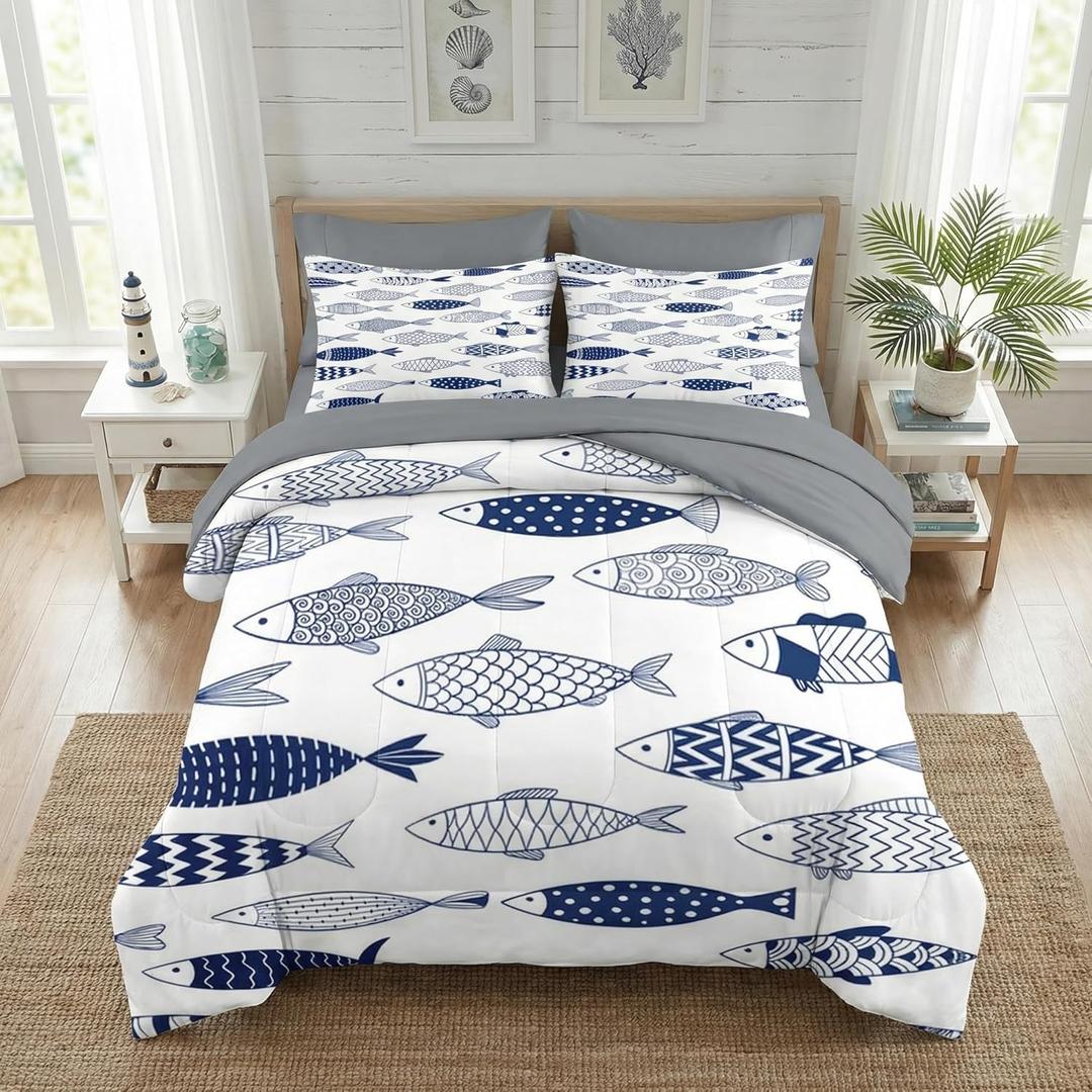 Nesker 7 Pcs Comforter Set Full Size, Fish Nautical Blue Bedding Set for Kids and Adults, Coastal Ocean Summer Bed Sheet Set with Fitted Sheet 2 Pillowcases & 2 Shams