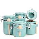 ZEBERBO 4-Piece Airtight Ceramic Canisters Set with Wooden Spoons & Chalk Labels – Perfect for Coffee, Sugar, Flour, Tea (Turquoise) – Stylish & Leakproof Kitchen Storage