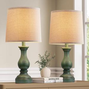 Seealle Farmhouse Table Lamps Set of 2 - Rustic Lamp for Bedroom Living Room, 22" Boho Bedside Lamps for Night Stands End Table Office Desk Lamp Nightstand with Linen Shades(Antique Green)