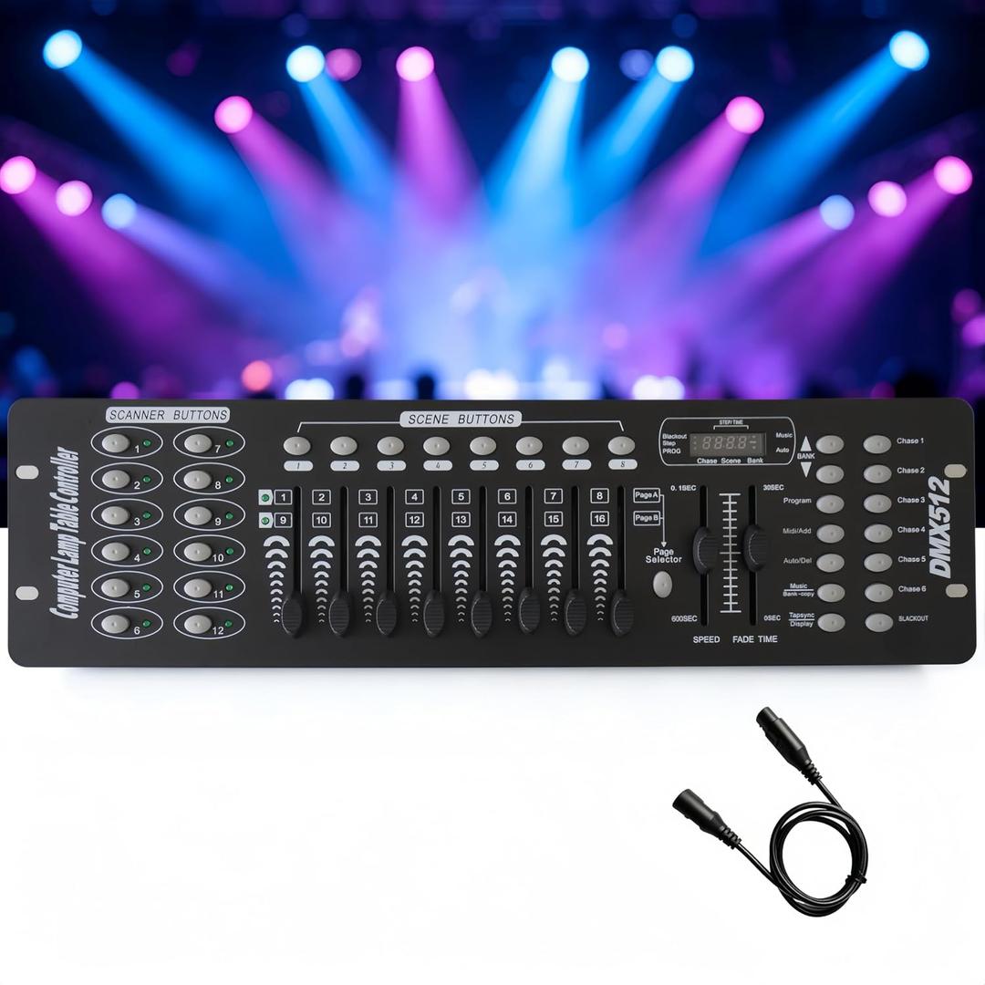 JCYWFLODY Professioanl 192 DMX Controller for DJ Lights, DMX512 Stage Lighting DJ Controller, Sound-Activated, LED Display, Programmable Scenes for Party Music Show Night Club KTV Moving Heads
