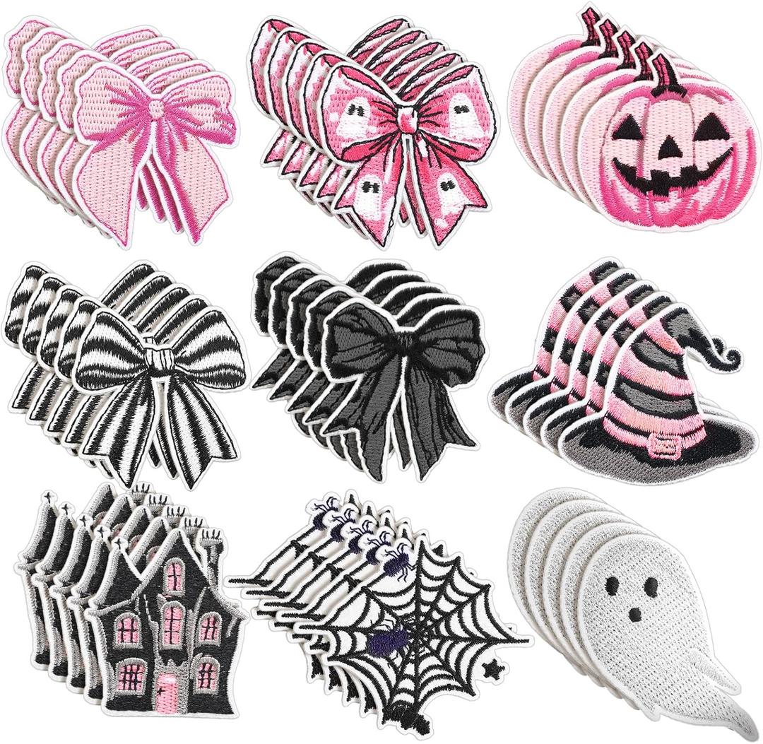 Lyrow 45 Pcs Halloween Bow Patches Pink Black Embroidered Sew on Patches Pumpkin Face Witch Hat Applique DIY Coquette Accessory for Clothes Pants Hats Jeans Decors