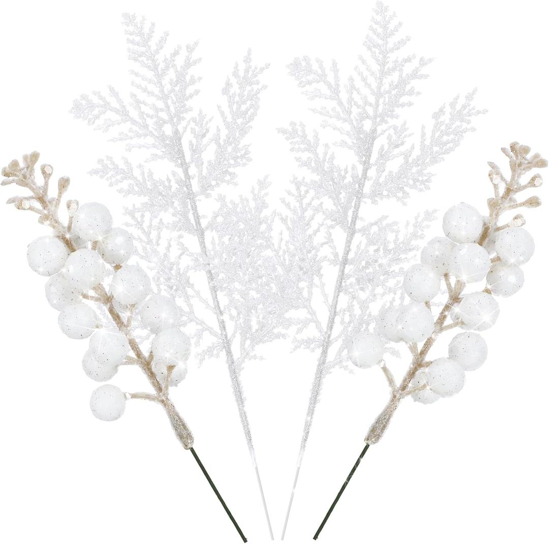 Janinka 160 Pcs 10 inch Christmas Tree Picks Decorations Include 80 Glitter Christmas Berries Stems and 80 Artificial Pine Needles Branches for Xmas Tree Ornaments DIY Wreaths Vase(White)