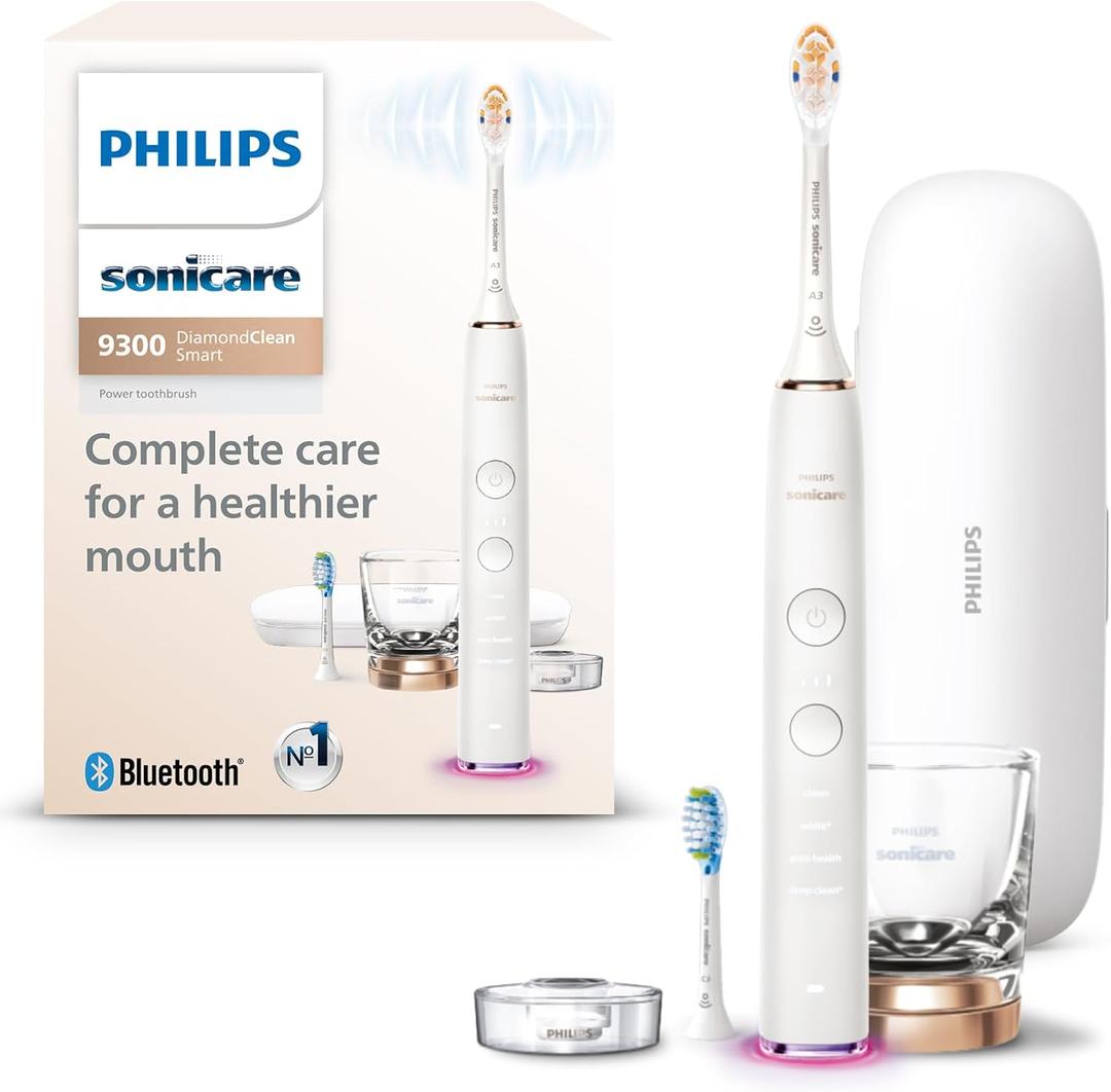 Philips Sonicare DiamondClean Smart 9300 Electric Toothbrush, Sonic Toothbrush with App, Pressure Sensor, Brush Head Detection, 4 Brushing Modes and 3 Intensity Levels, Rosegold, Model HX9903/65 (1 Count (Pack of 1), New Rose Gold)