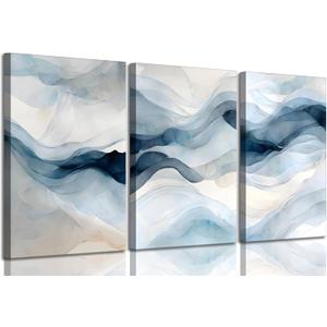 3 Pcs Modern Navy Blue Abstract Canvas Wall Art Minimalist Geometric Smoke Ombre Ink Painting Picture Wall Decor Poster Print Artwork for Living Room Bedroom Office Home Decoration (16x24in-Canvas, Blue-Canvas)