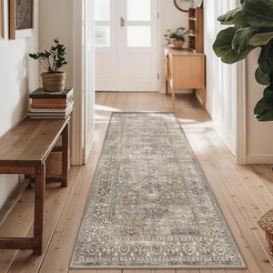 Runner Rugs for Hallway 2x5 Machine Washable Runners, Vintage Retro Floral Medallion Runners for Kitchen Entryway Bathroom, Low Pile Lightweight Thin Chenille Non Slip Runner Rug, Greige