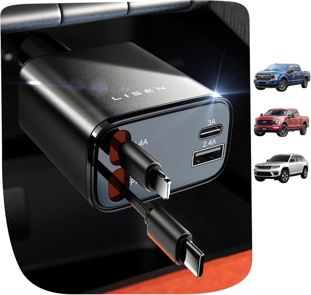 LISEN Retractable Car Charger, Gifts for Him Her, Car Adapter USB C Fast Charger, gifts for Mothers Day Travel Essentials kits Car Accessories for Men Women Gifts for iPhone 17 16 15 14 13 Samsung S26, Black