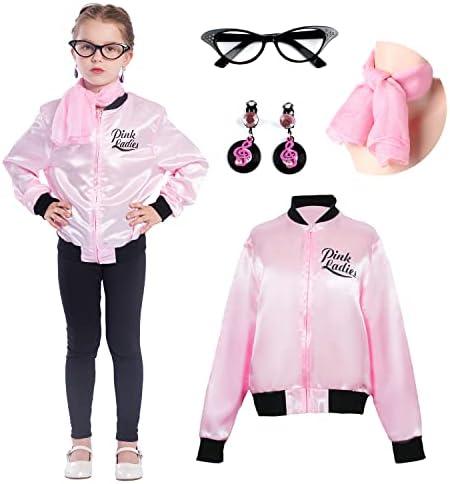 Sincere Party Pink Satin Jacket Back to the 50s Costume for Girls with Glasses,Scarf,Earrings Small(4-6) : Toys & Games