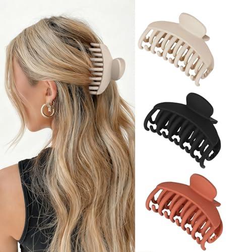 3 PCS Double Row Teeth Plastic Hair Claw Clips,2.5Inch Medium Hair Claw Clips for Thin Thick Cirly Hair,Gloss Jaw Clips for All Hair Texture,Hair Accessories Hair Clips for Women and Girls,Brown+Black