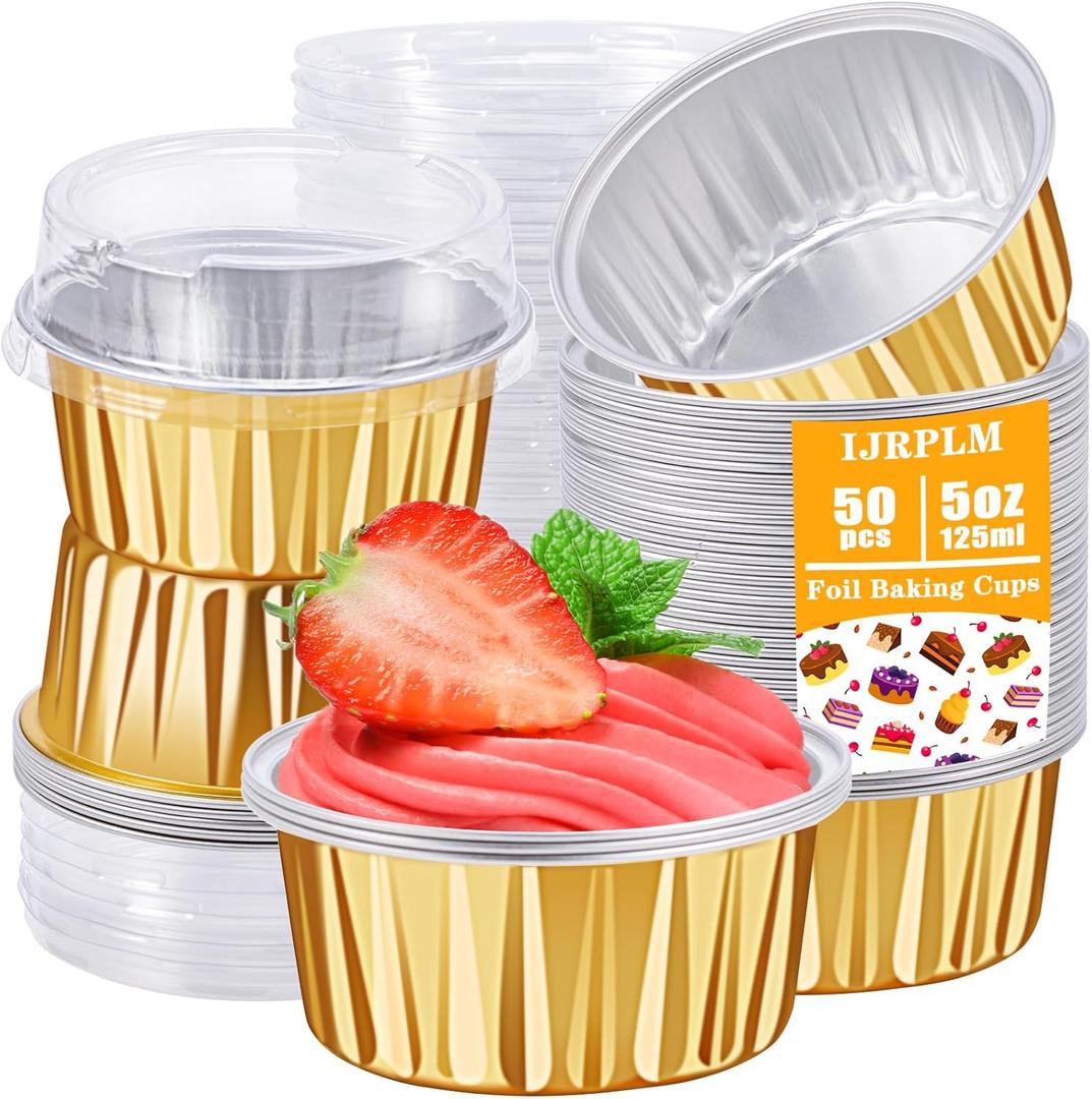 IJRPLM 50pcs 5oz 125ml Muffin Liners Cups with Lids (gold),50 Pack Baking Cups with Lids,5oz Aluminum Foil Cupcake Cups Muffin Liners, Standard size
