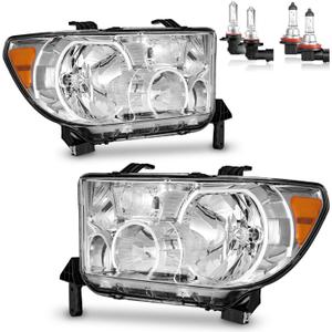 Headlights W/Bulbs for 2007-2013 Toyota Tundra/2008-2017 Sequoia (Fits 12-14 Sequoia WITHOUT Headlight Washer Only, NOT for models with leveling dial) Driver & Passenger Side