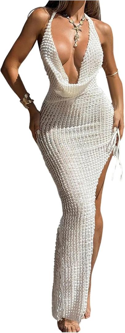 RoseSeek Women's Textured V Neck Cover Up Halter Neck Backless Maxi Dress Side Drawstring Bodycon Dress Swimsuits (White, L)