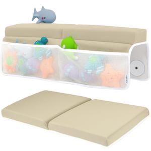Baby Bath Kneeler and Elbow Rest Pad Set - Baby Bath Support for Knees and Elbows - Bath Kneeler Pad with Memory Foam and Bath Toys Organizer - Ideal Bath Kneeling Pad for Bathing Baby - Beige