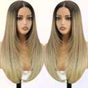 NOSTALGIA Ombre Blonde Wear and Go Glueless Wigs Pre Plucked Pre Cut for Beginners Synthetic Lace Front Wigs With Bangs Blonde Long Layered Straight Wigs (24 Inch)