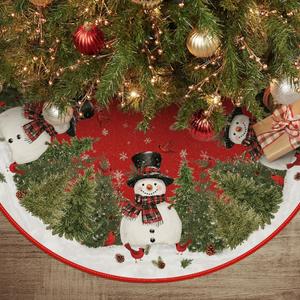 AVOIN colorlife Cardinals Cedar Snowman with Scarf Christmas Tree Skirt, Xmas Winter Holiday Party Tree Mat Indoor Outdoor Decoration 36 Inch (Red)