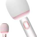 Wireless Bluetooth karaoke Microphone, 5-in-1 Portable Handheld Microphone for iPhone, Karaoke Microfono with Dynamic Lights for Car / Home Party, Music Record, Duet Singing Mic for Kids Adults-White