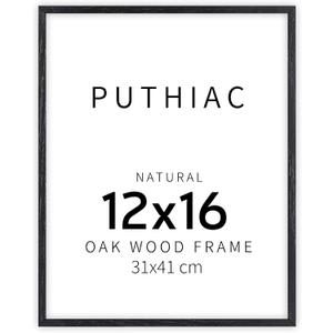 Puthiac 12x16 Solid Oak Wood Picture Frame, Fits 8x12 with Mat or 12x16 Without Mat, Wall Display Only, Vertical or Horizontal, Plexi Front, 1 Pack, Black